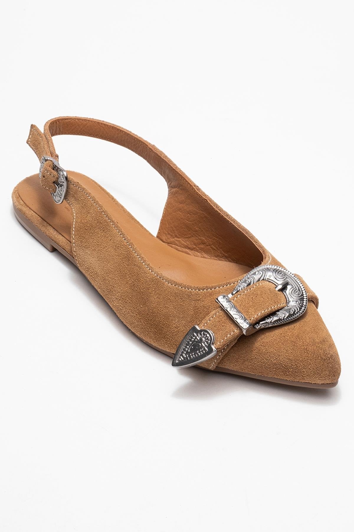 Dorothy - Taupe Suede Genuine Leather Buckle Pointed Toe Sandal (Women)