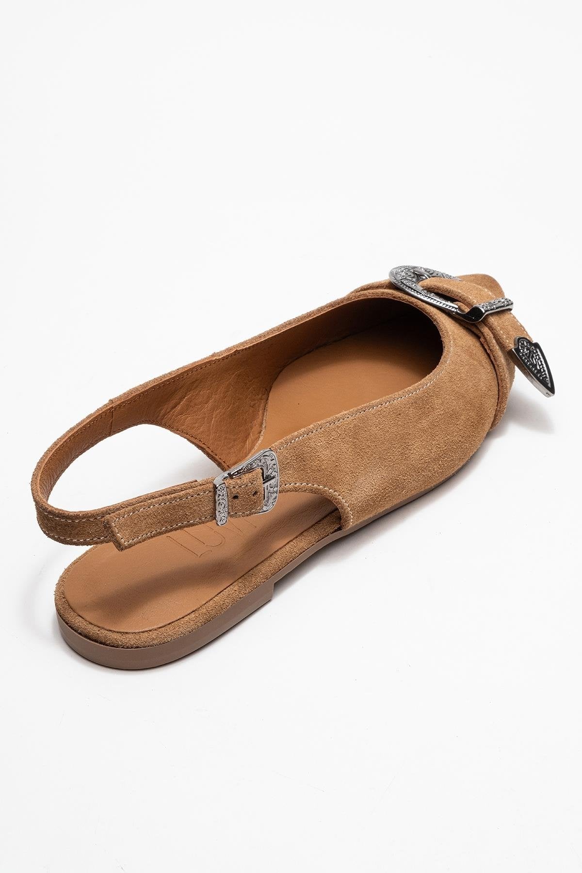 Dorothy - Taupe Suede Genuine Leather Buckle Pointed Toe Sandal (Women)