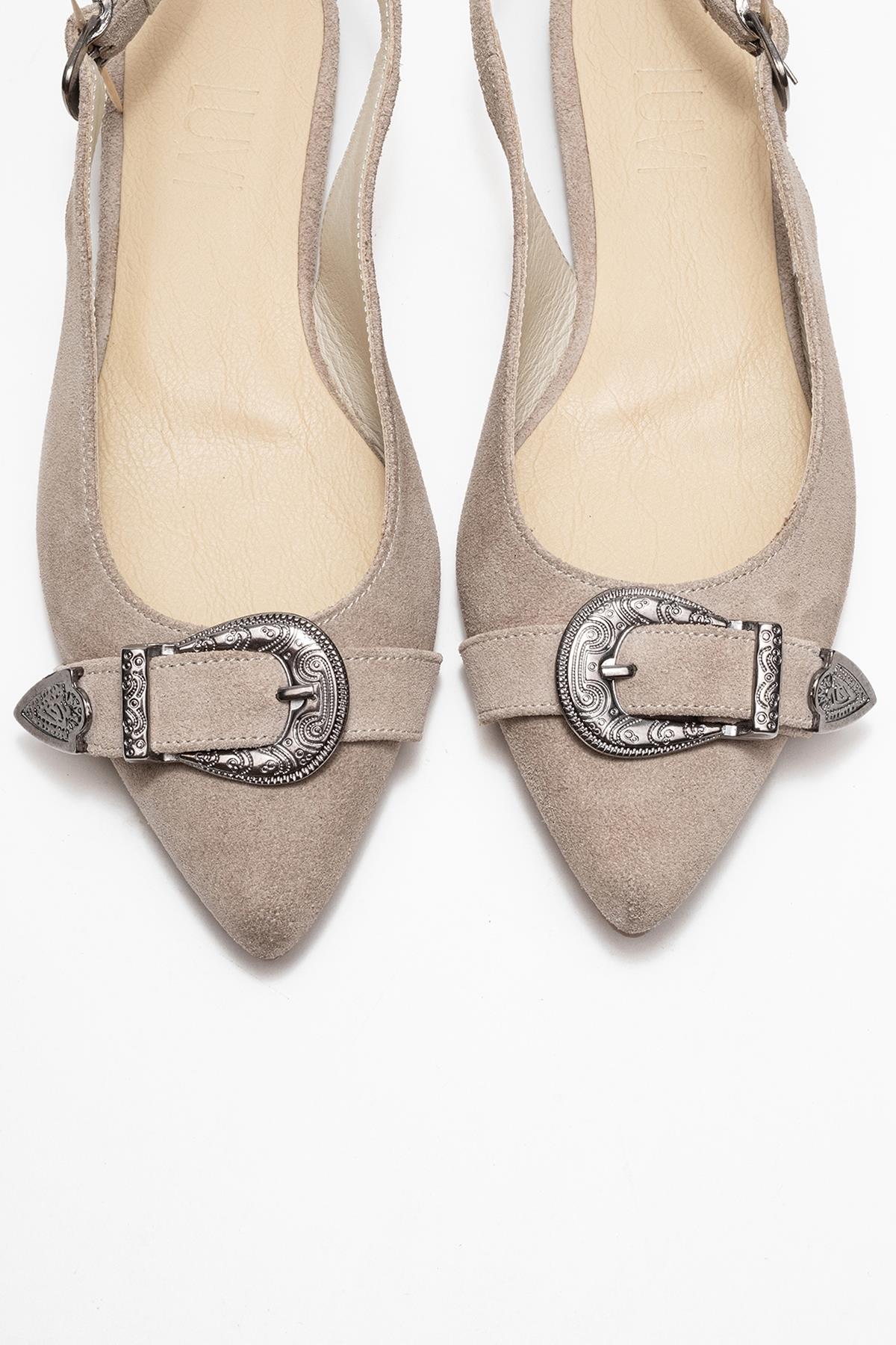 Dorothy - Beige Suede Genuine Leather Buckle Pointed Toe Sandal (Women)