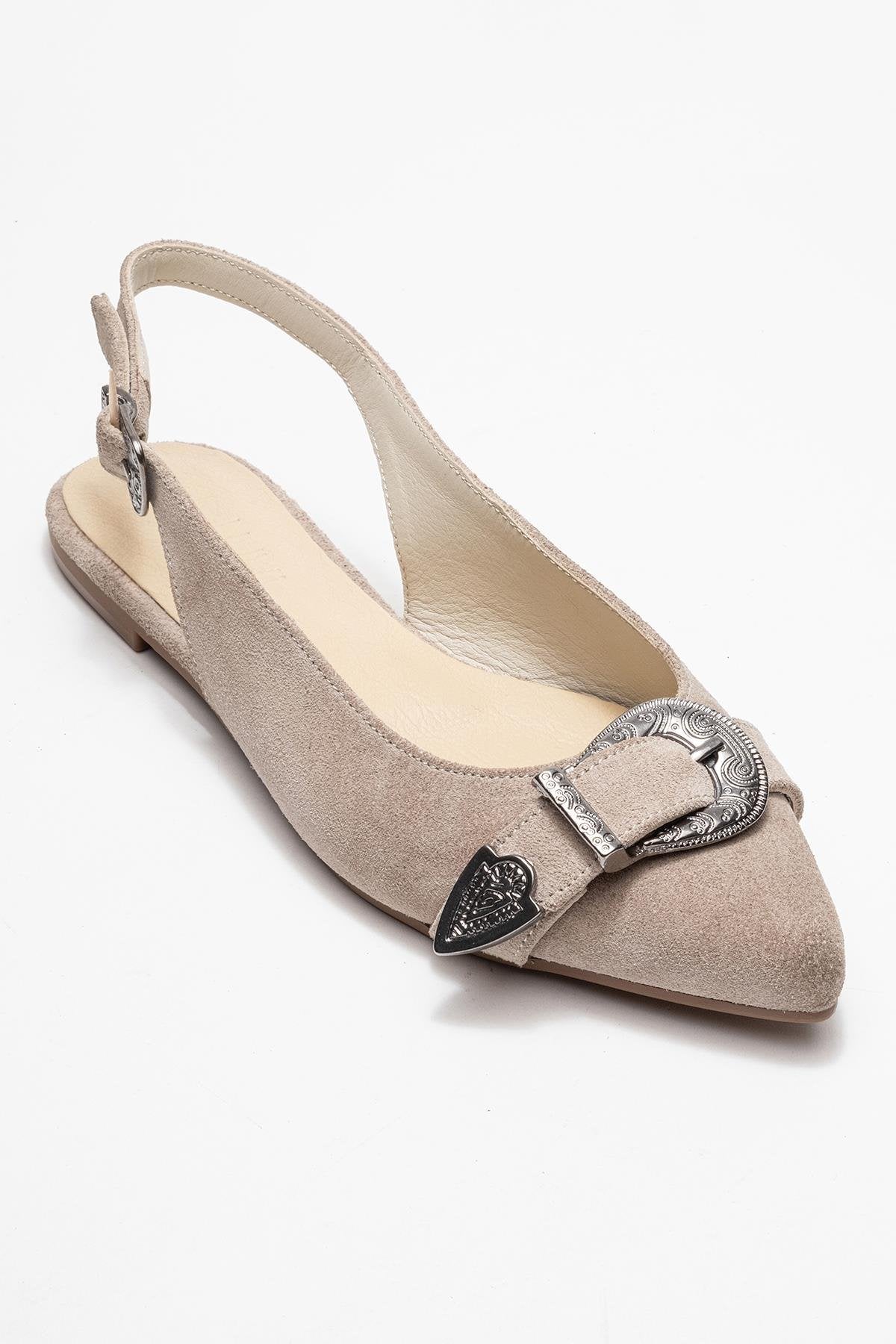 Dorothy - Beige Suede Genuine Leather Buckle Pointed Toe Sandal (Women)