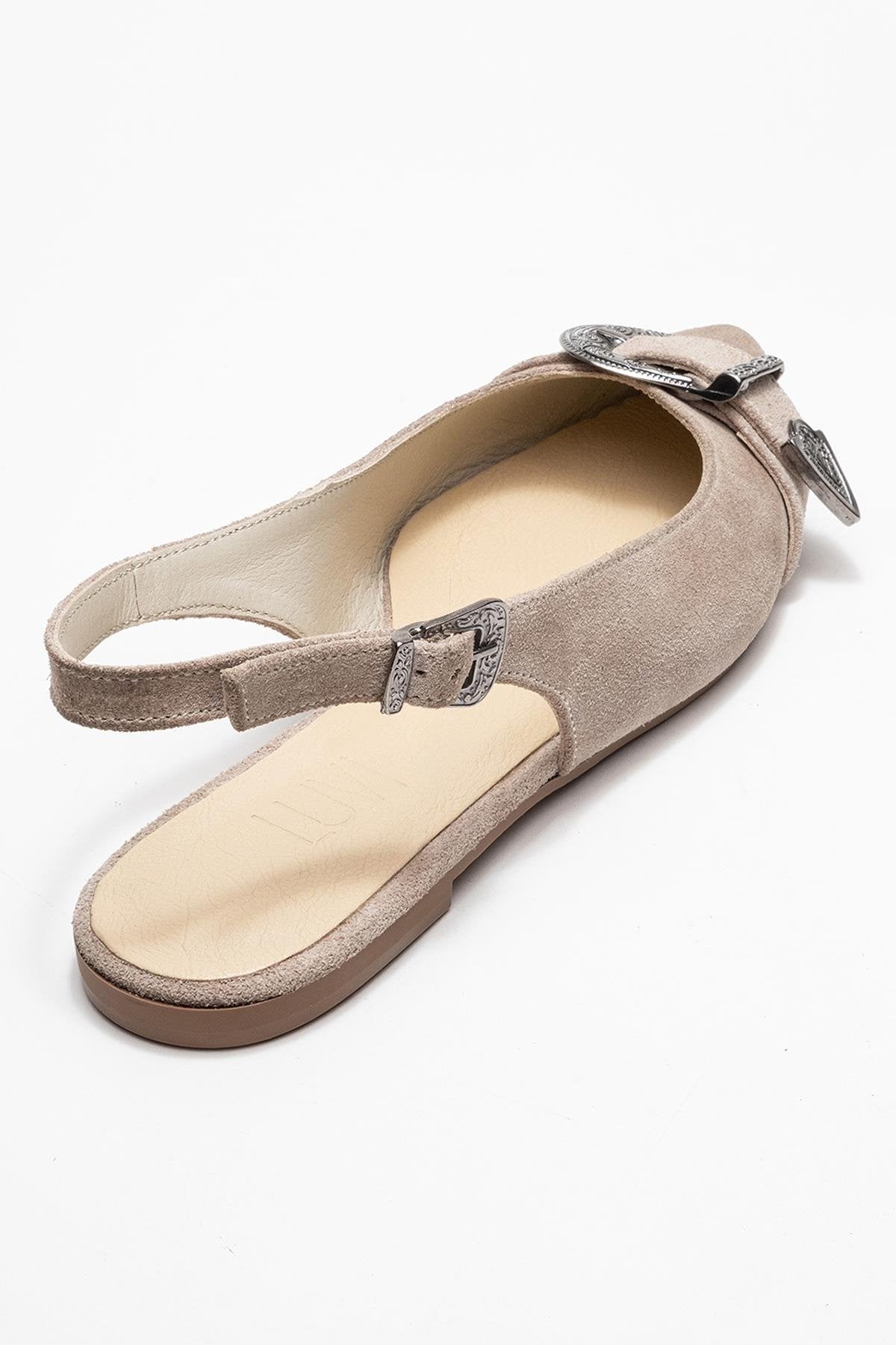 Dorothy - Beige Suede Genuine Leather Buckle Pointed Toe Sandal (Women)