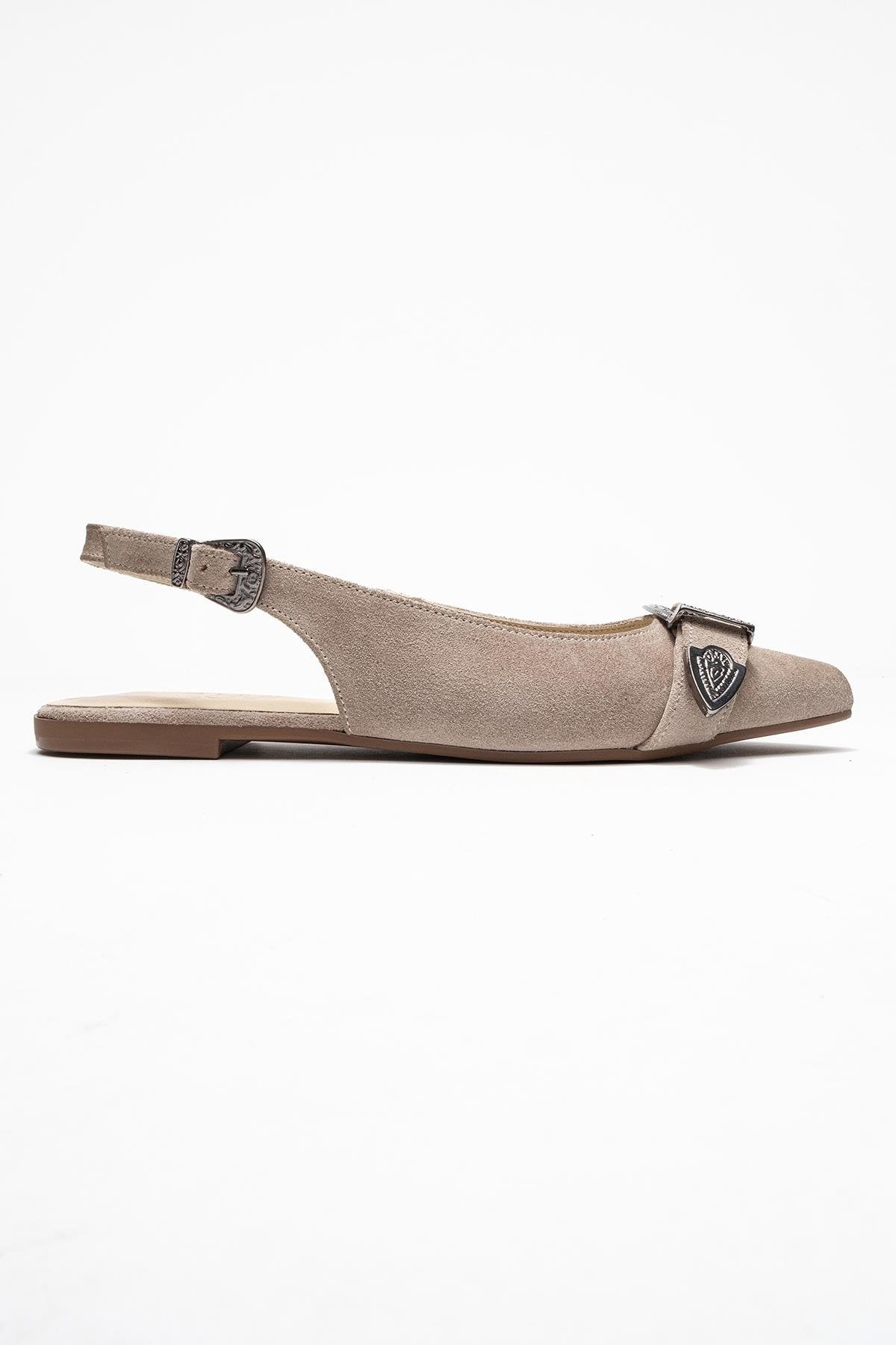 Dorothy - Beige Suede Genuine Leather Buckle Pointed Toe Sandal (Women)