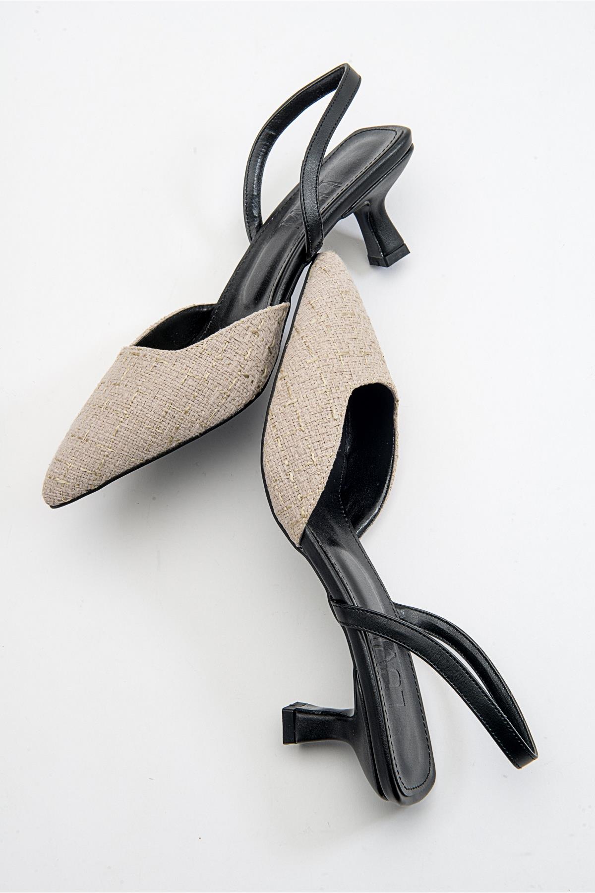 Over - Black Beige Tweed Pointed Toe Low Heel Shoe (Women)