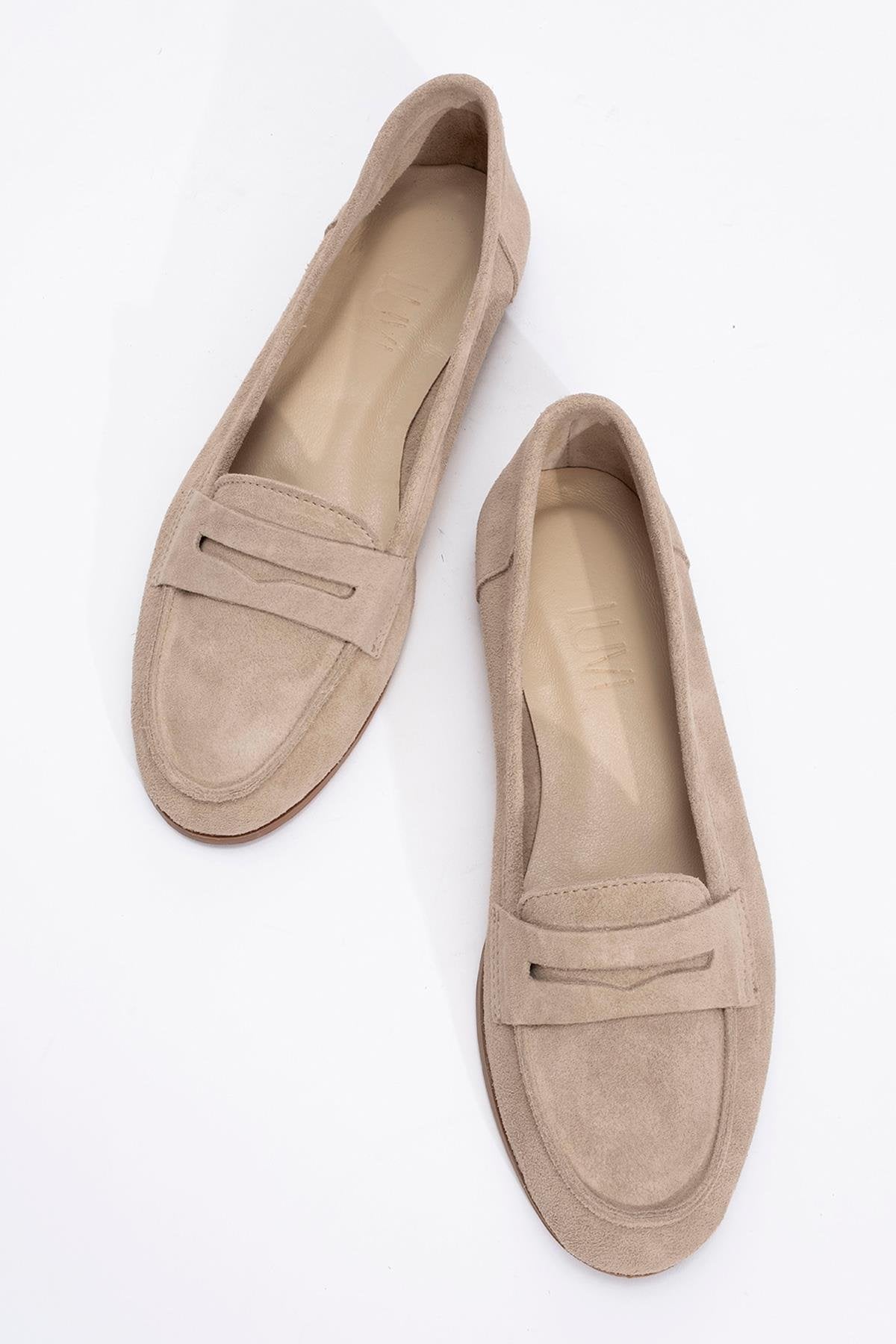 Tory - Beige Suede Genuine Leather Loafer Shoe (Women)