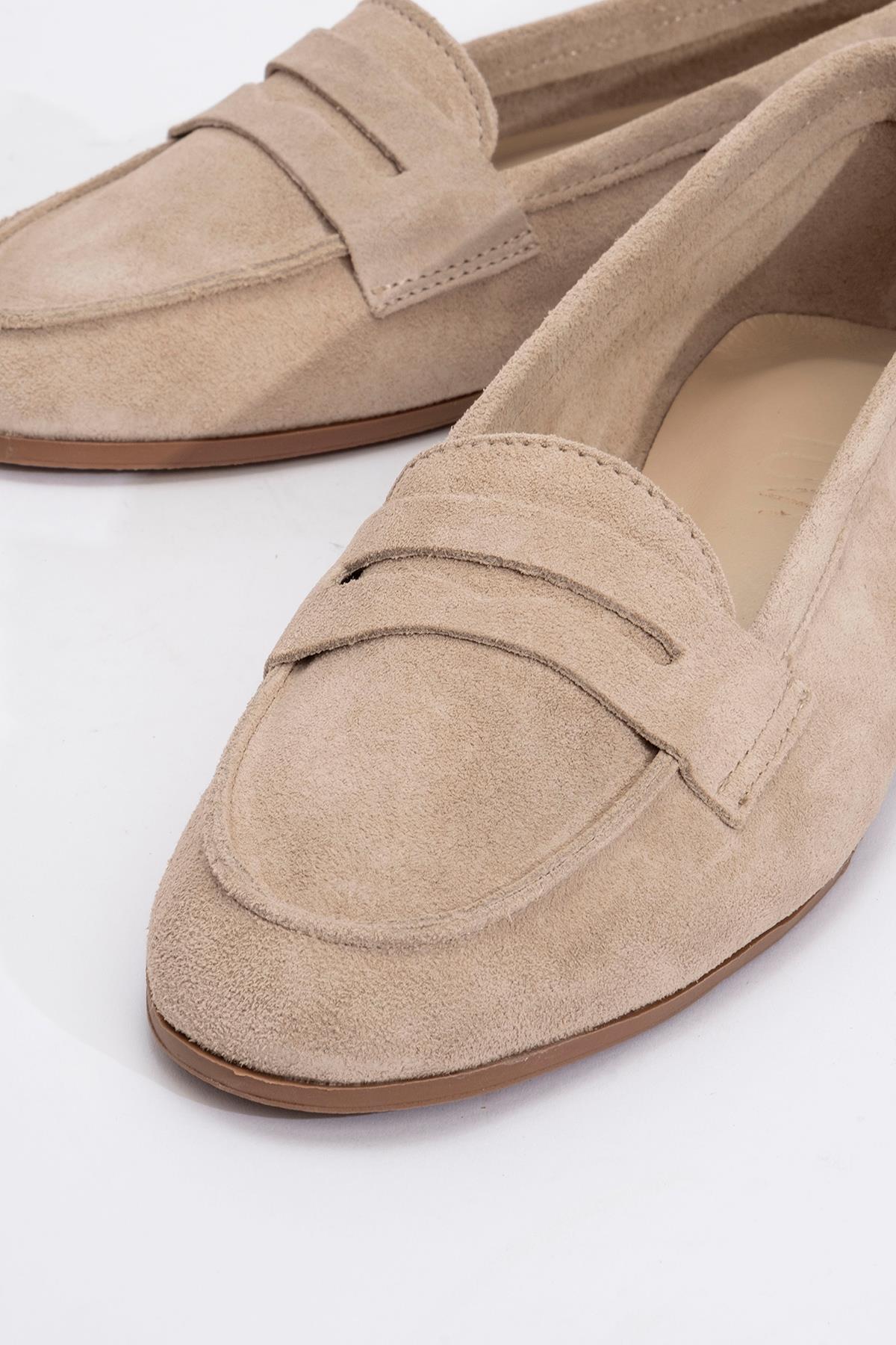 Tory - Beige Suede Genuine Leather Loafer Shoe (Women)