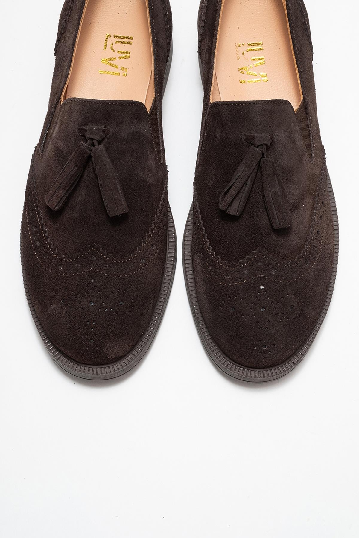 Alex - Brown Suede Genuine Leather Tassel Elastic Loafer (Women)