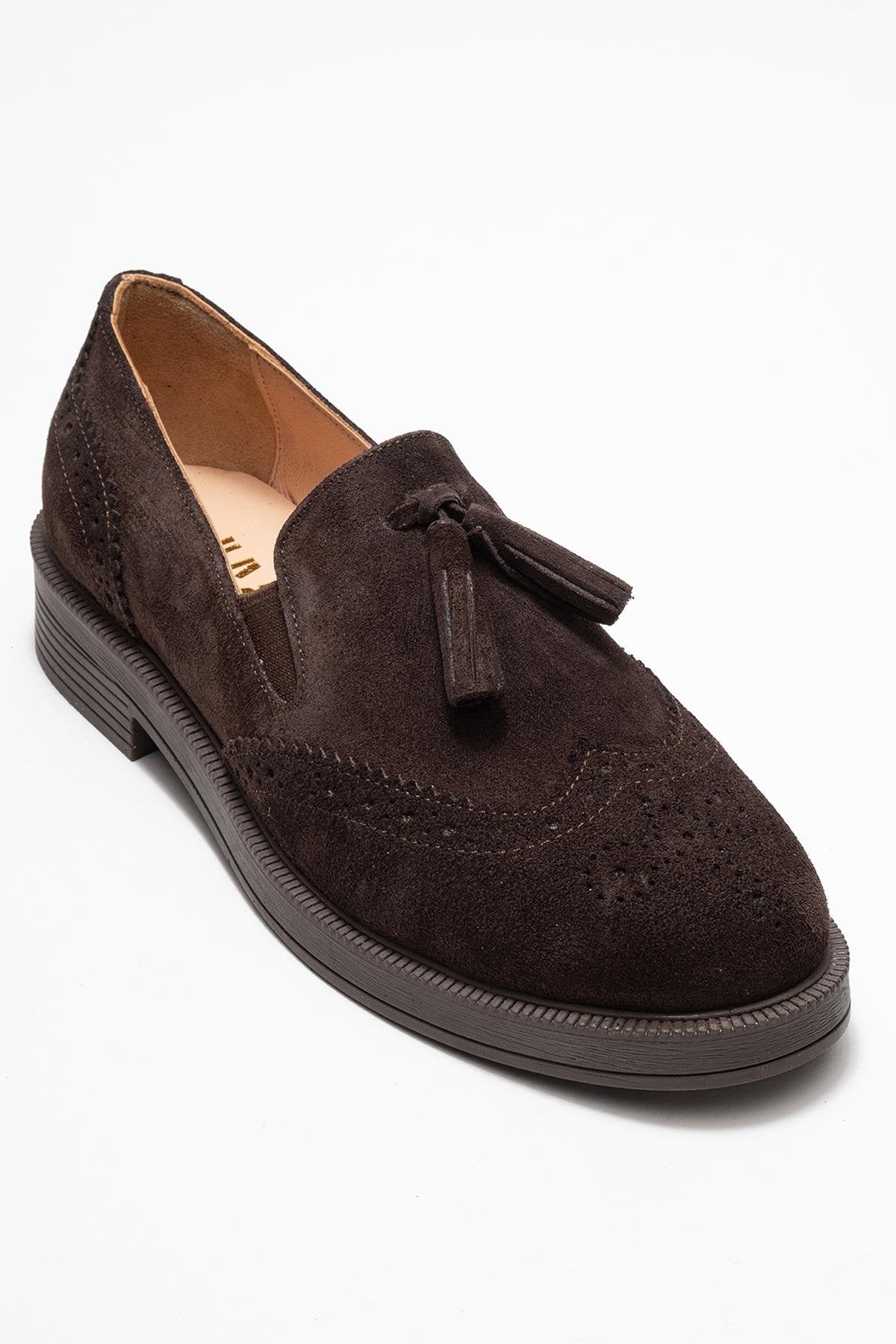 Alex - Brown Suede Genuine Leather Tassel Elastic Loafer (Women)