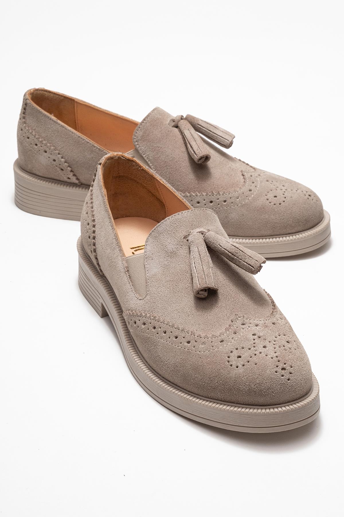 Alex - Beige Suede Genuine Leather Tassel Elastic Loafer (Women)