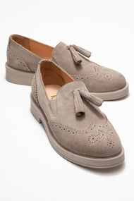 Alex - Beige Suede Genuine Leather Tassel Elastic Loafer (Women)