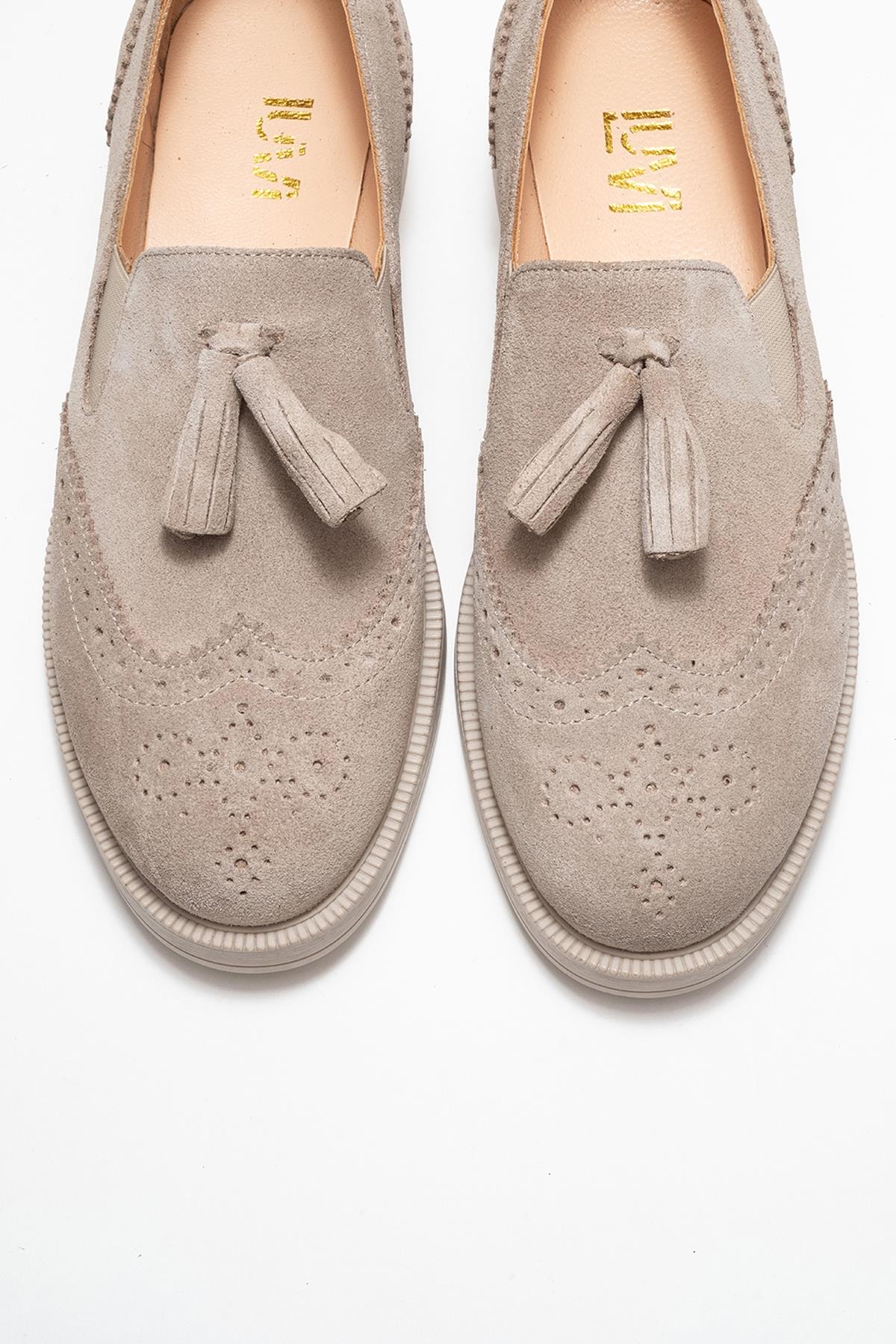 Alex - Beige Suede Genuine Leather Tassel Elastic Loafer (Women)