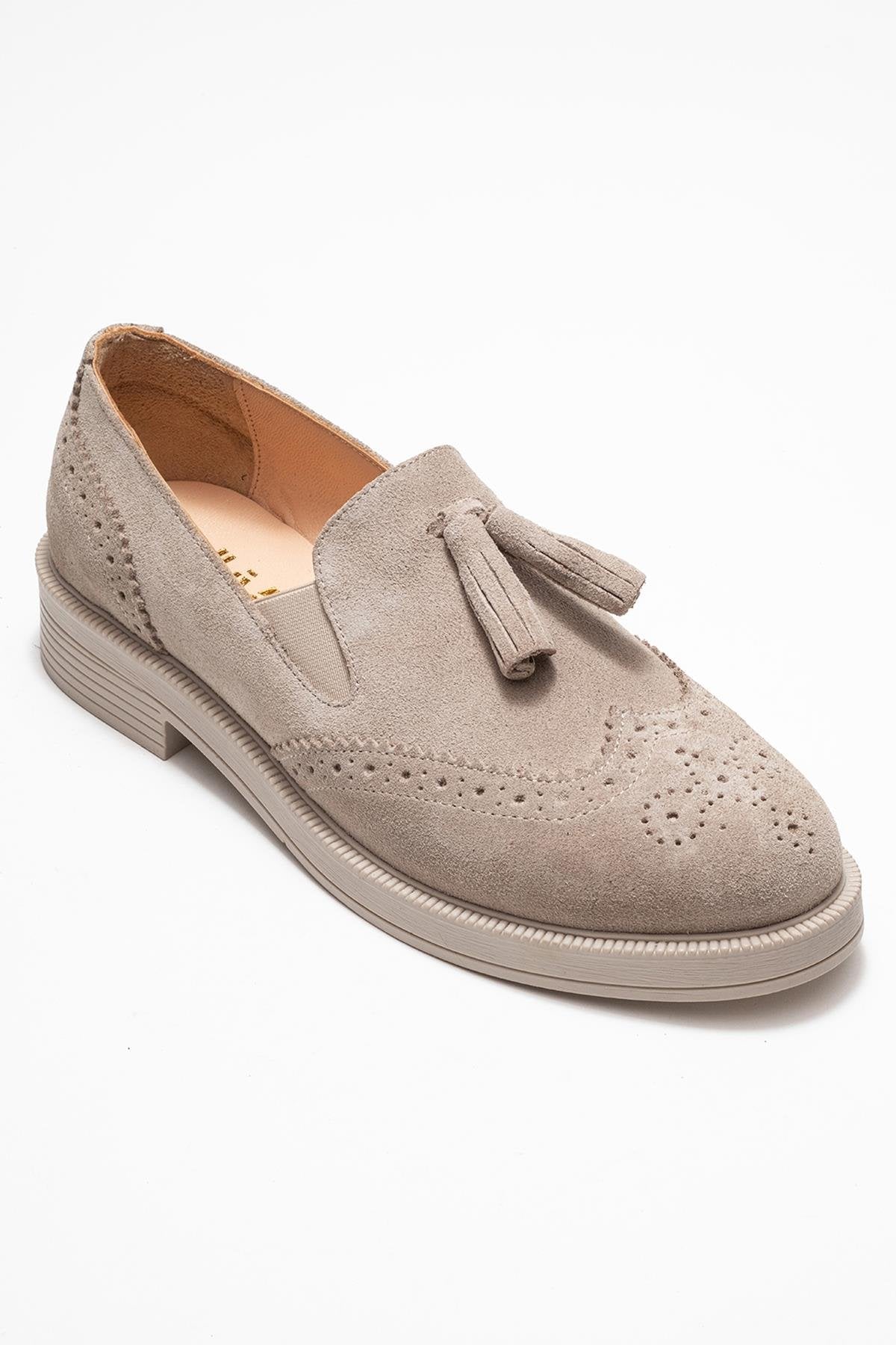 Alex - Beige Suede Genuine Leather Tassel Elastic Loafer (Women)
