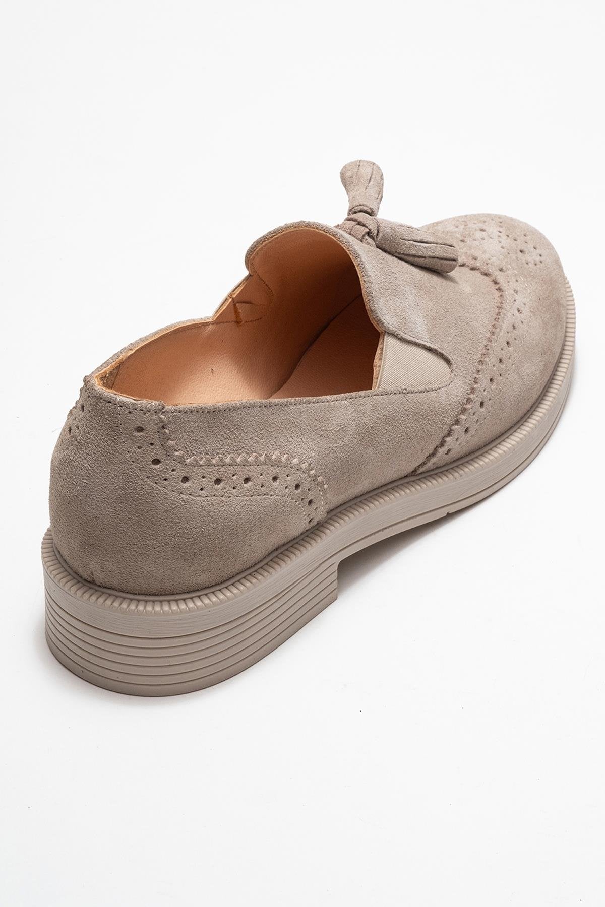 Alex - Beige Suede Genuine Leather Tassel Elastic Loafer (Women)