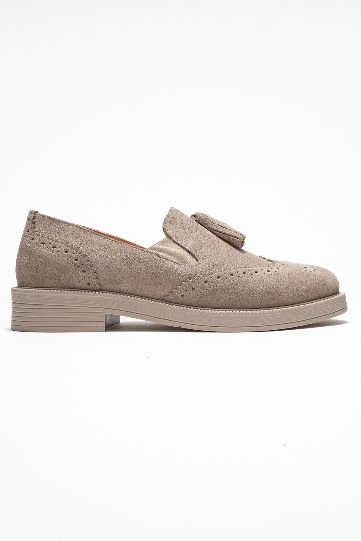 Alex - Beige Suede Genuine Leather Tassel Elastic Loafer (Women)