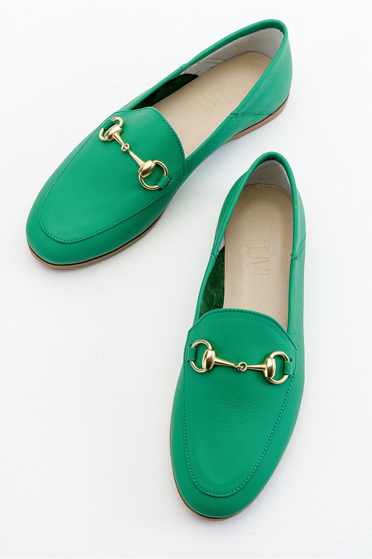 Penny - Green Leather Horsebit Loafers
