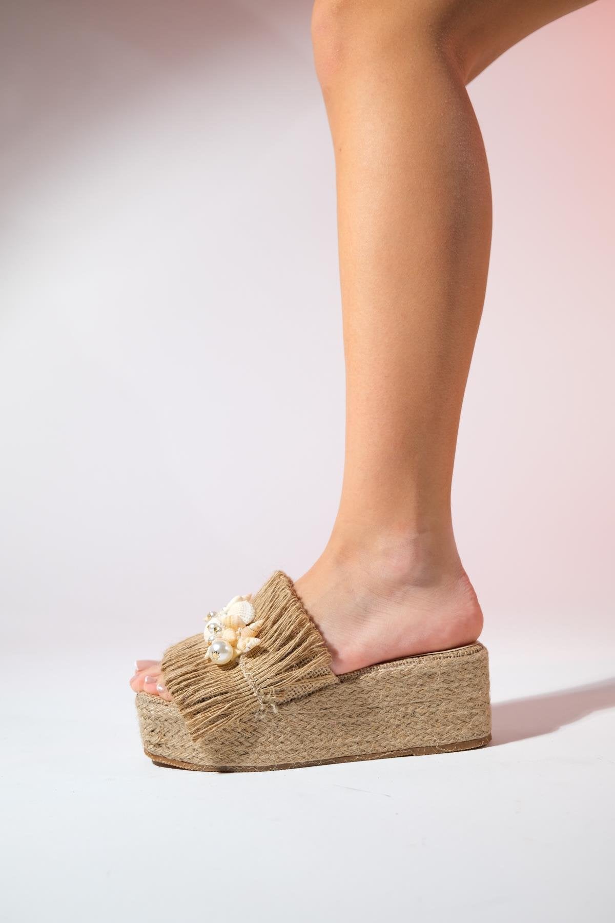 DION Brown Raffia Seashell Wedge Mules (Women)