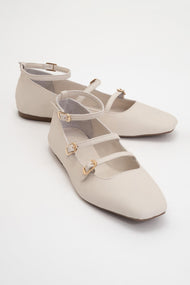 Serena - Beige Leather Mary Jane Flats
