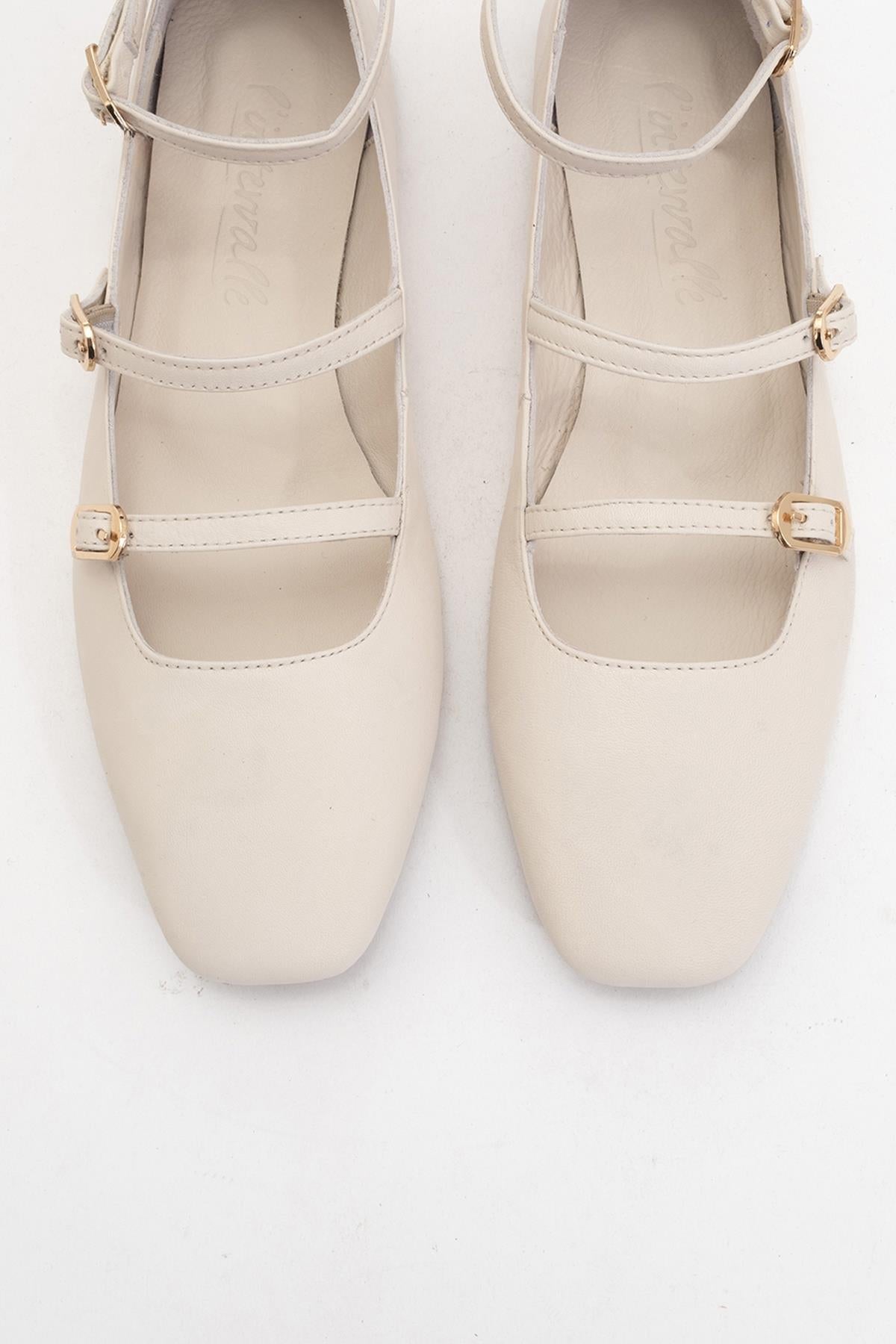 Serena - Beige Leather Mary Jane Flats
