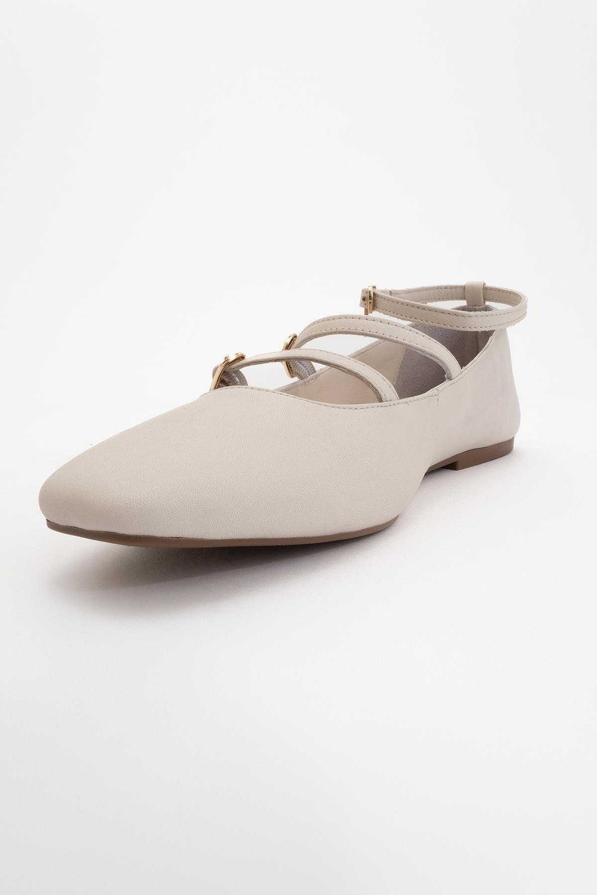 Serena - Beige Leather Mary Jane Flats