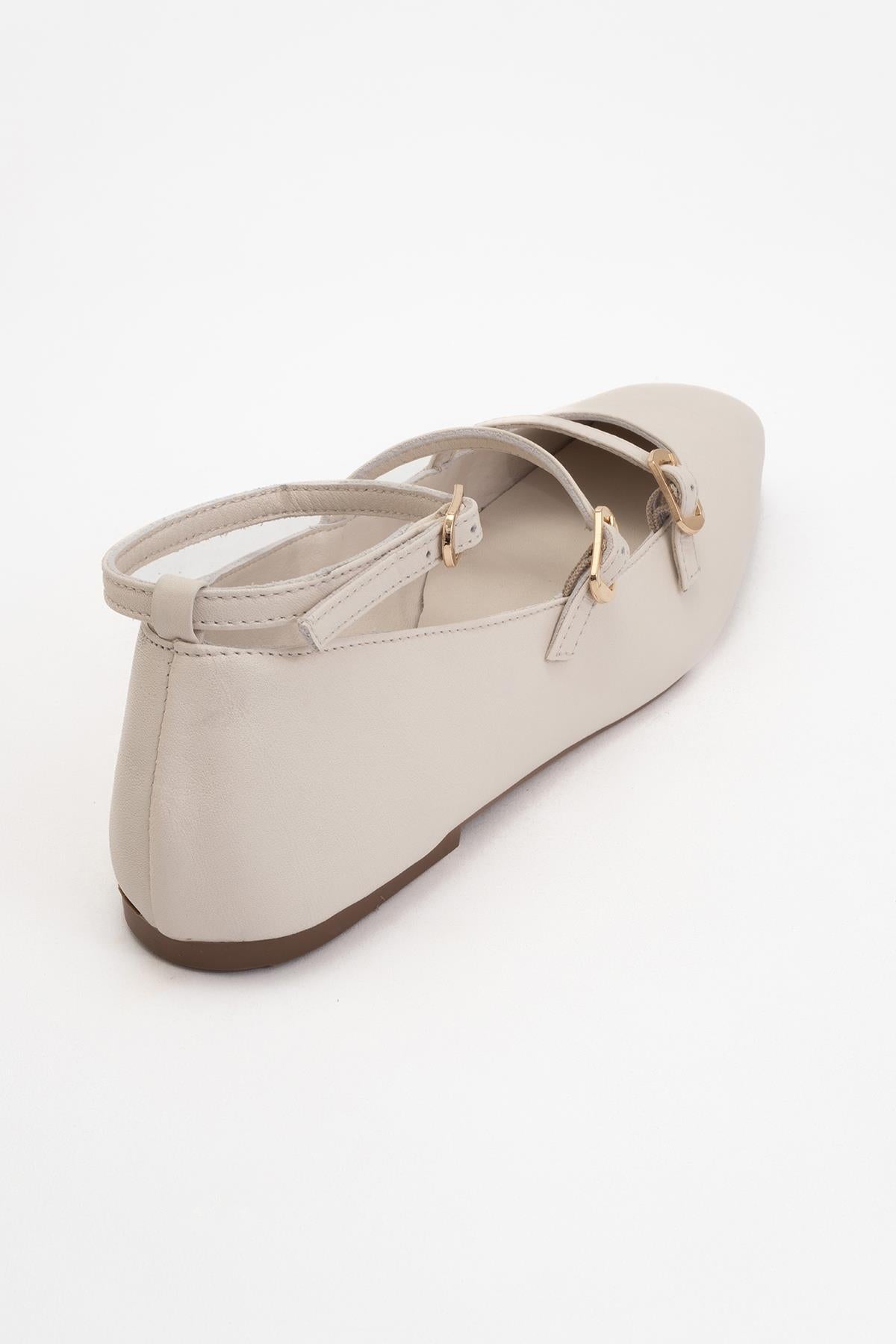Serena - Beige Leather Mary Jane Flats
