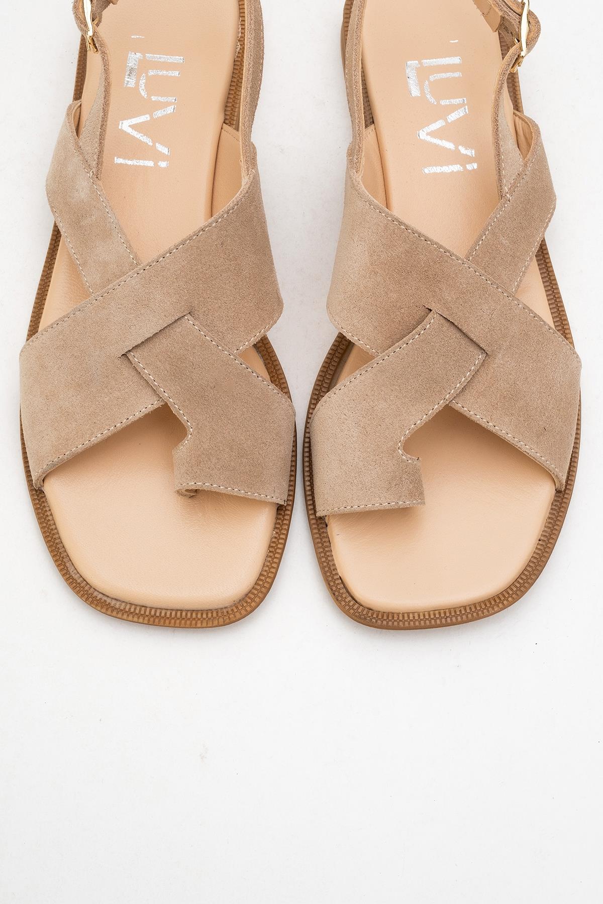Louna - Beige Suede Leather Thong Sandals (Women)