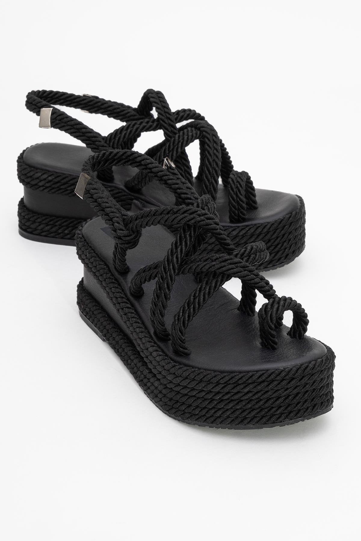 Juney - Black Genuine Leather Lace-Up Wedge Sandal (Women)