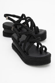 Juney - Black Genuine Leather Lace-Up Wedge Sandal (Women)