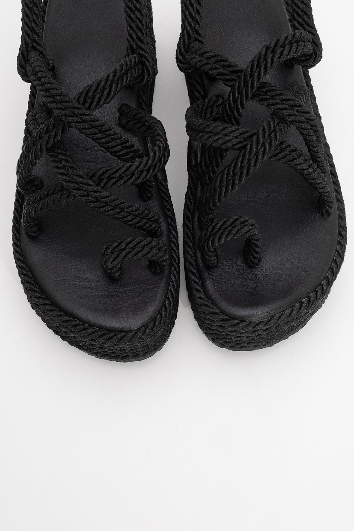 Juney - Black Genuine Leather Lace-Up Wedge Sandal (Women)