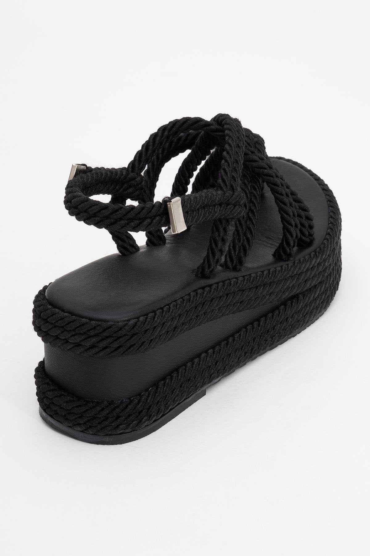 Juney - Black Genuine Leather Lace-Up Wedge Sandal (Women)