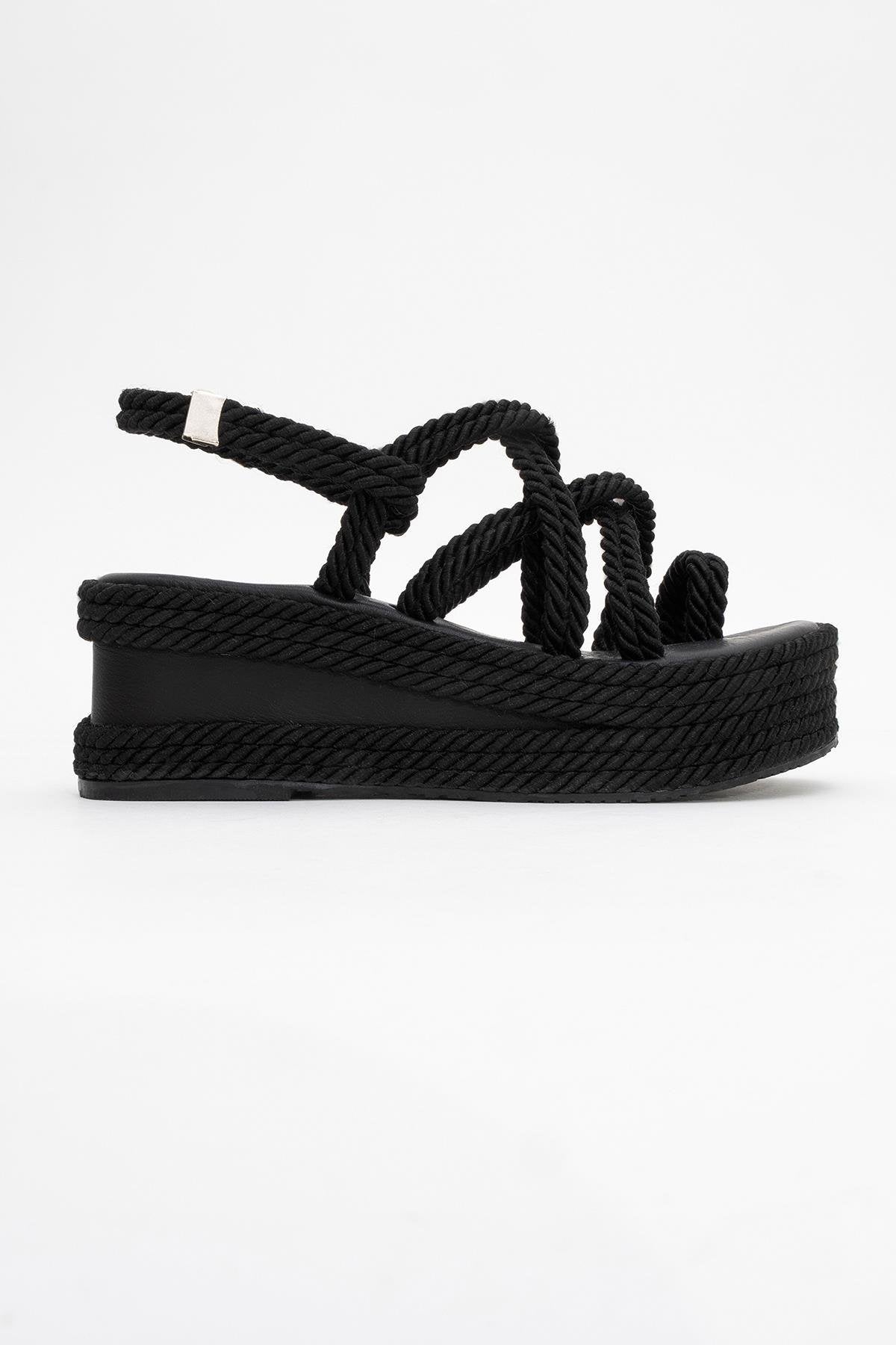 Juney - Black Genuine Leather Lace-Up Wedge Sandal (Women)