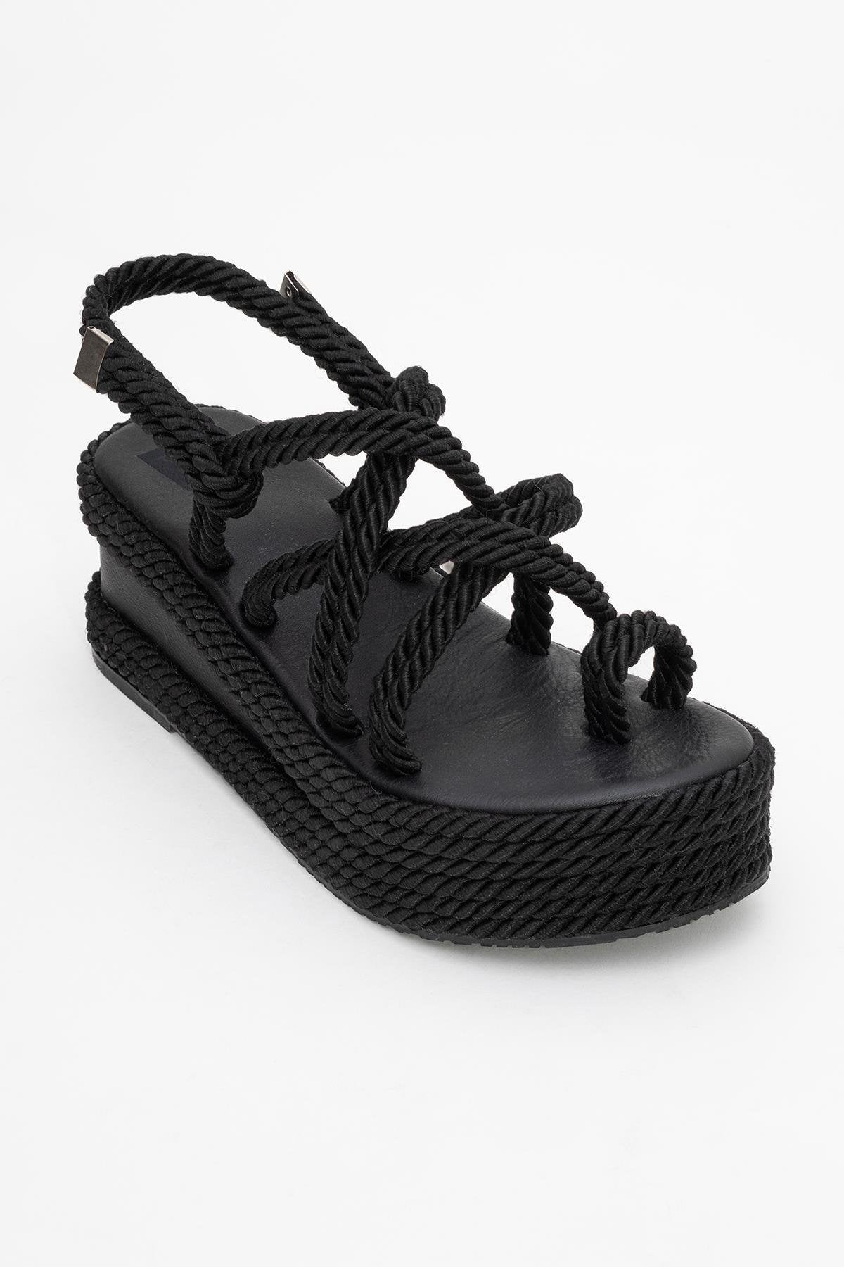 Juney - Black Genuine Leather Lace-Up Wedge Sandal (Women)