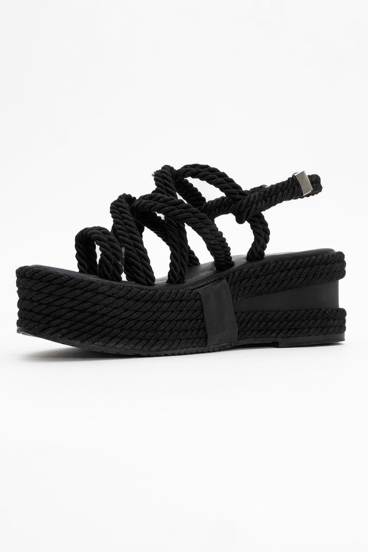 Juney - Black Genuine Leather Lace-Up Wedge Sandal (Women)