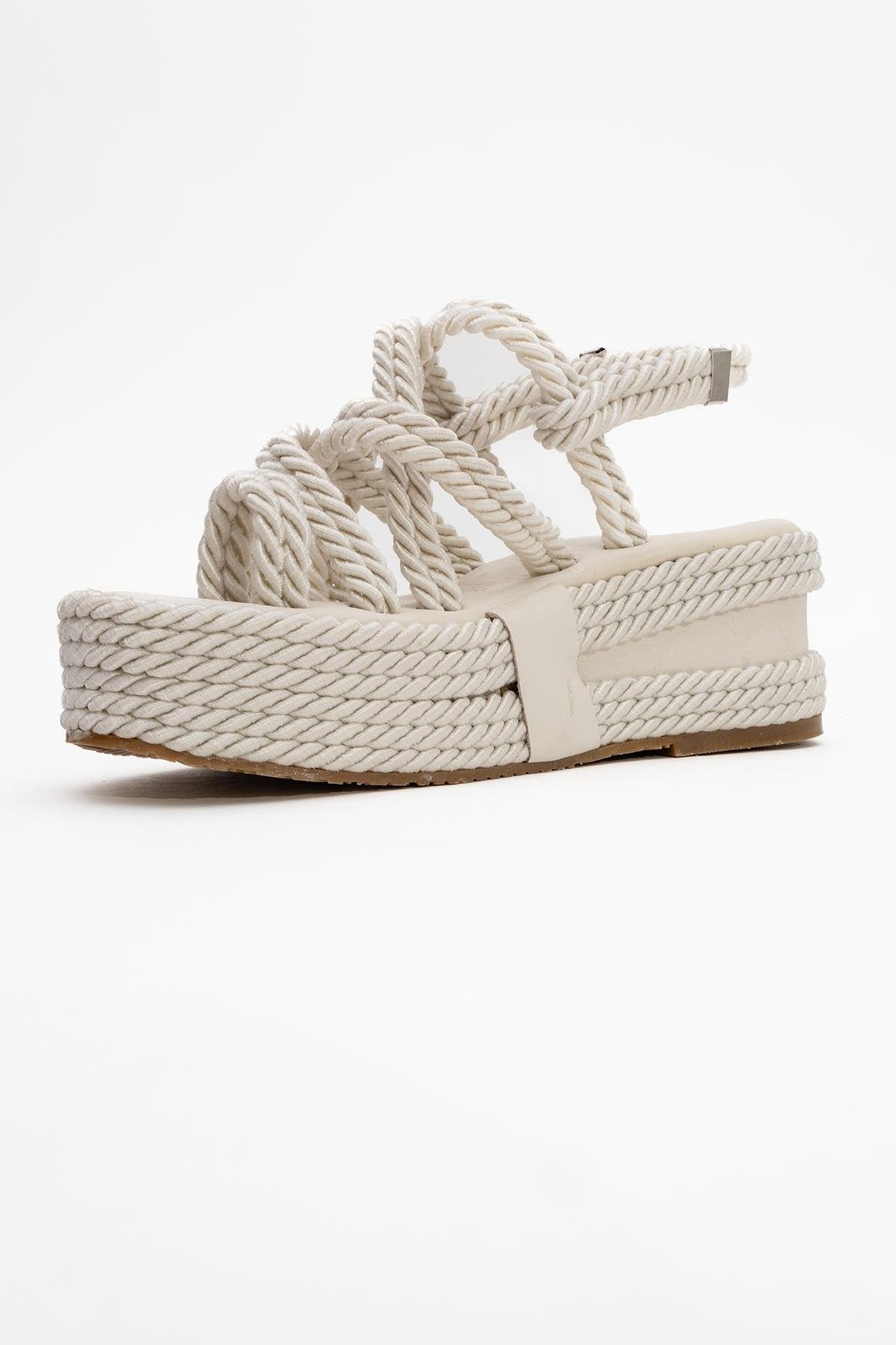 Juney - Beige Genuine Leather Lace-Up Wedge Sandal (Women)