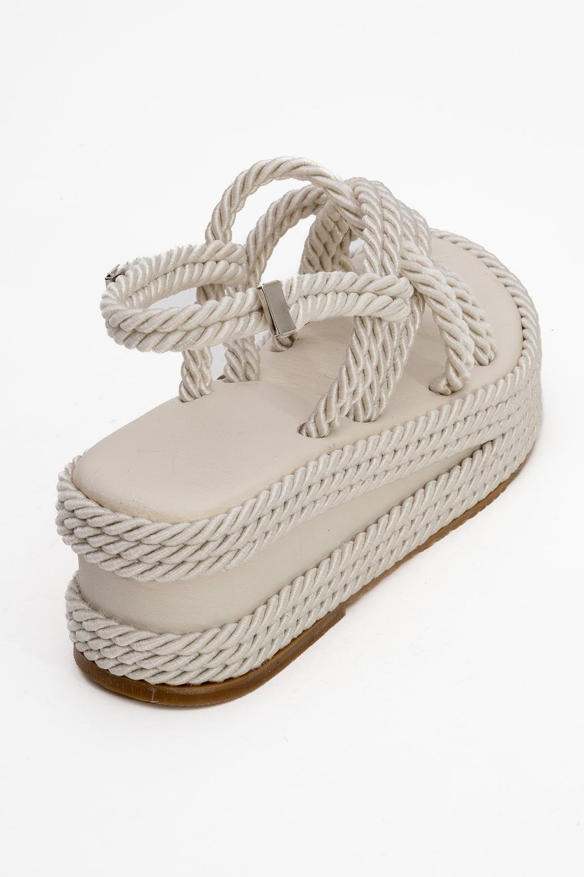 Juney - Beige Genuine Leather Lace-Up Wedge Sandal (Women)