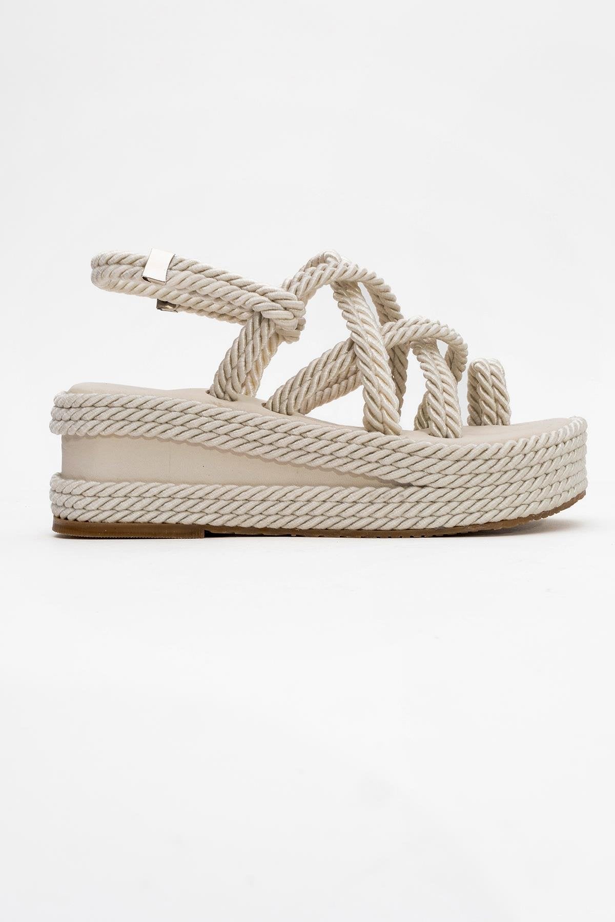 Juney - Beige Genuine Leather Lace-Up Wedge Sandal (Women)