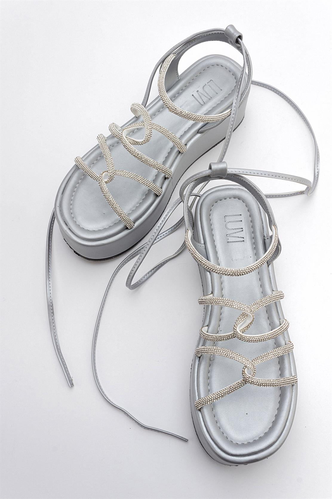 Titan - Gray Stone-Embellished Ankle-Tie Chunky Platform Sandal (Women)