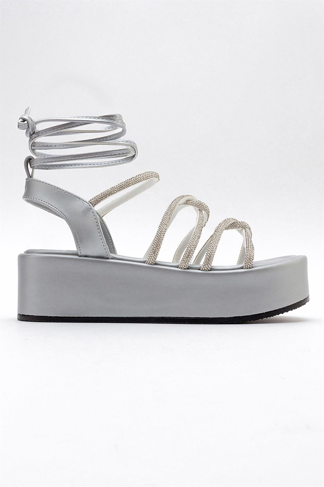 Titan - Gray Stone-Embellished Ankle-Tie Chunky Platform Sandal (Women)