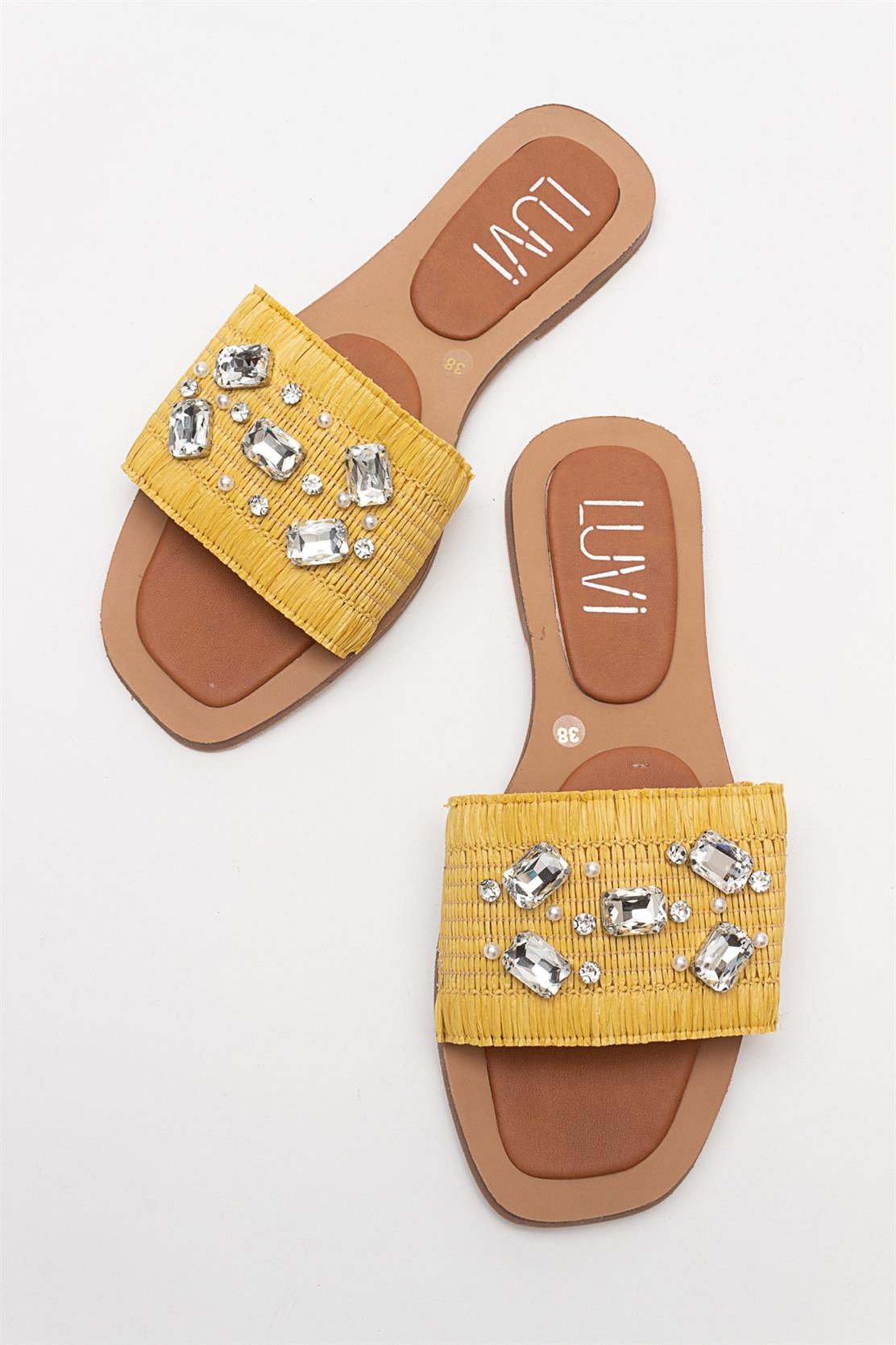 Norve - Yellow Woven Embellished Slide (Women)