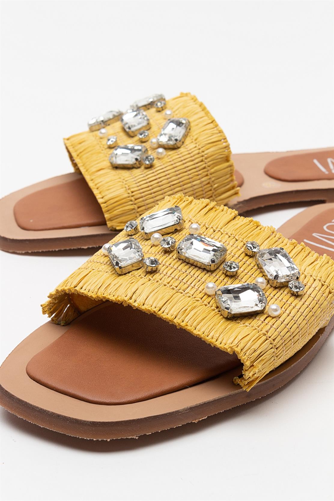 Norve - Yellow Woven Embellished Slide (Women)