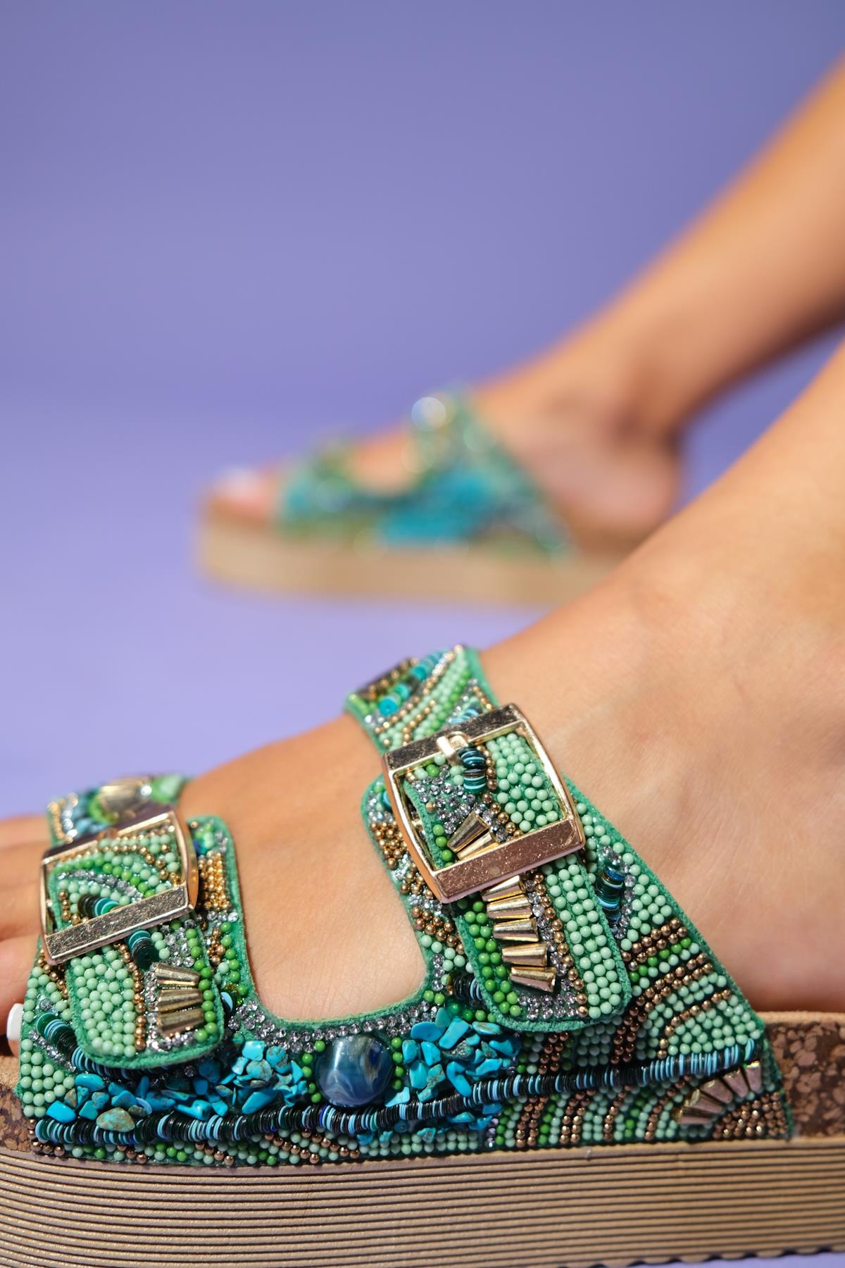 Jerry - Green Jeweled Double-Band Platform Sandal (Women)