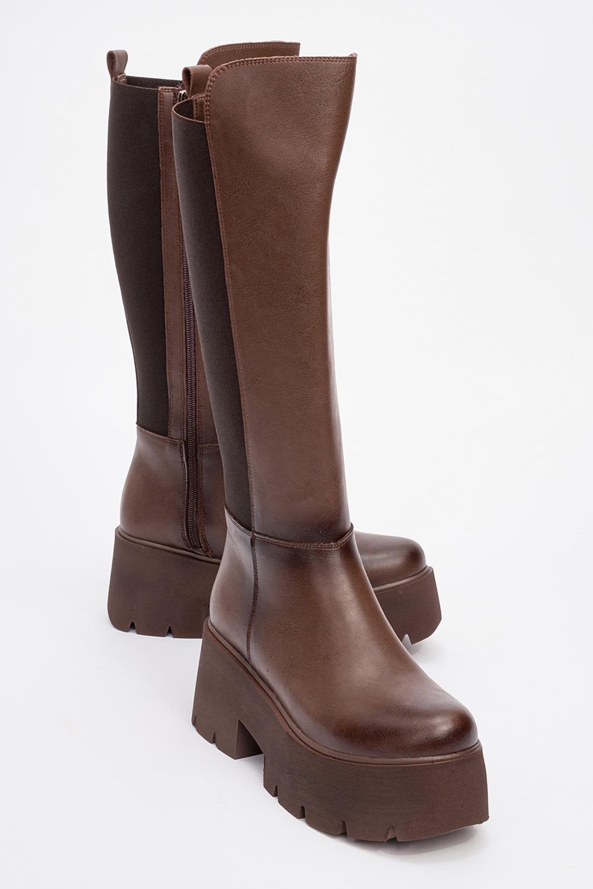 Solo - Brown Elastic Platform Heel Boot (Women)