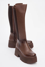 Solo - Brown Elastic Platform Heel Boot (Women)
