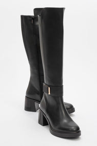 Moreni - Black Stretch Detail Buckle Block Heel Knee-High Boot (Women)
