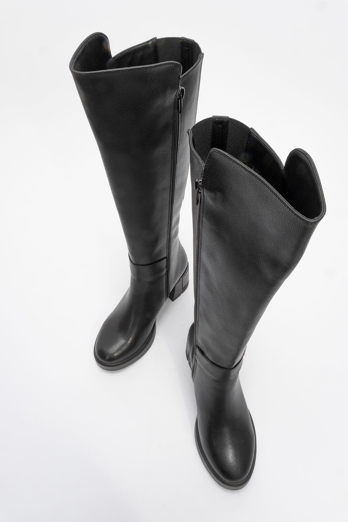 Moreni - Black Stretch Detail Buckle Block Heel Knee-High Boot (Women)