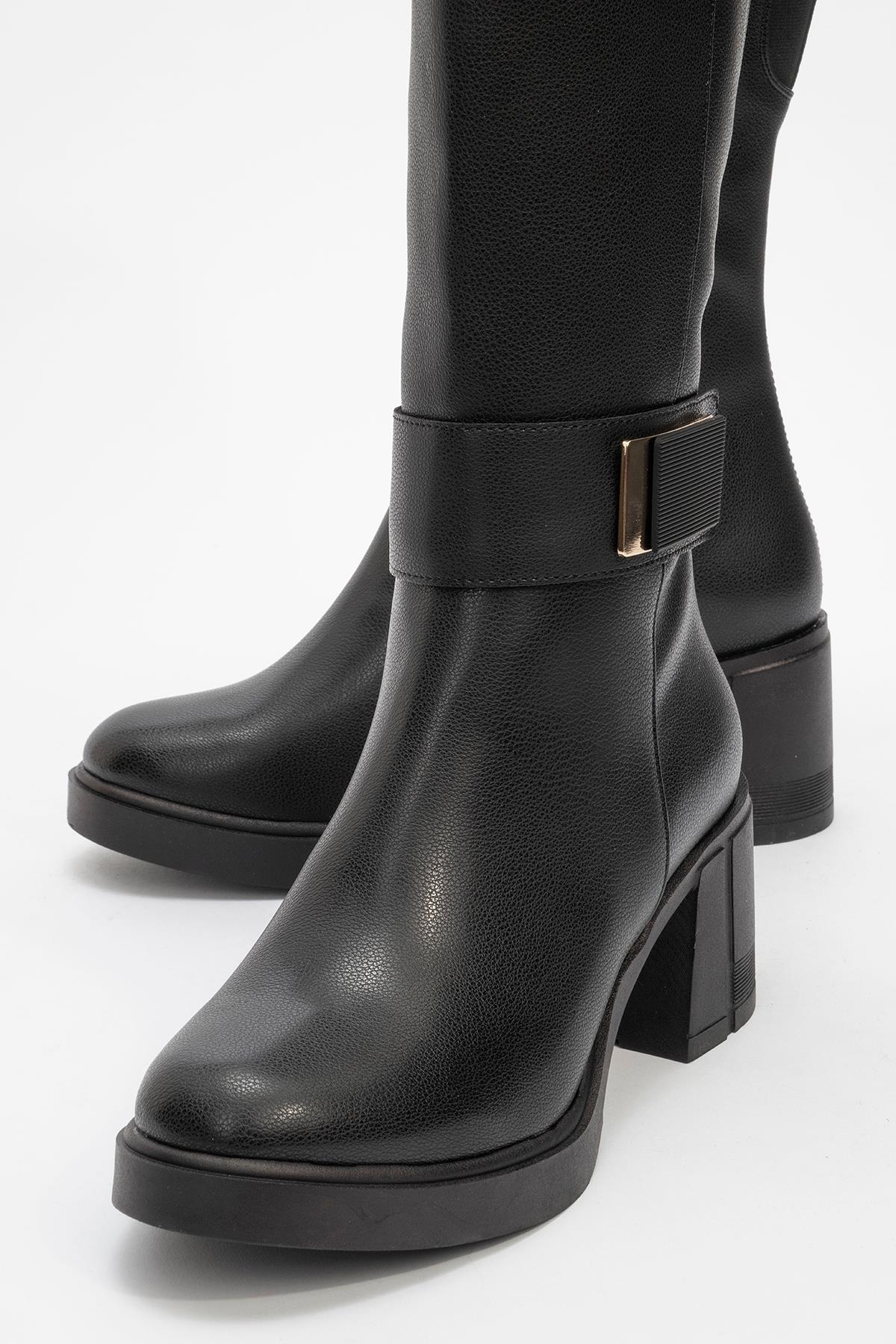 Moreni - Black Stretch Detail Buckle Block Heel Knee-High Boot (Women)
