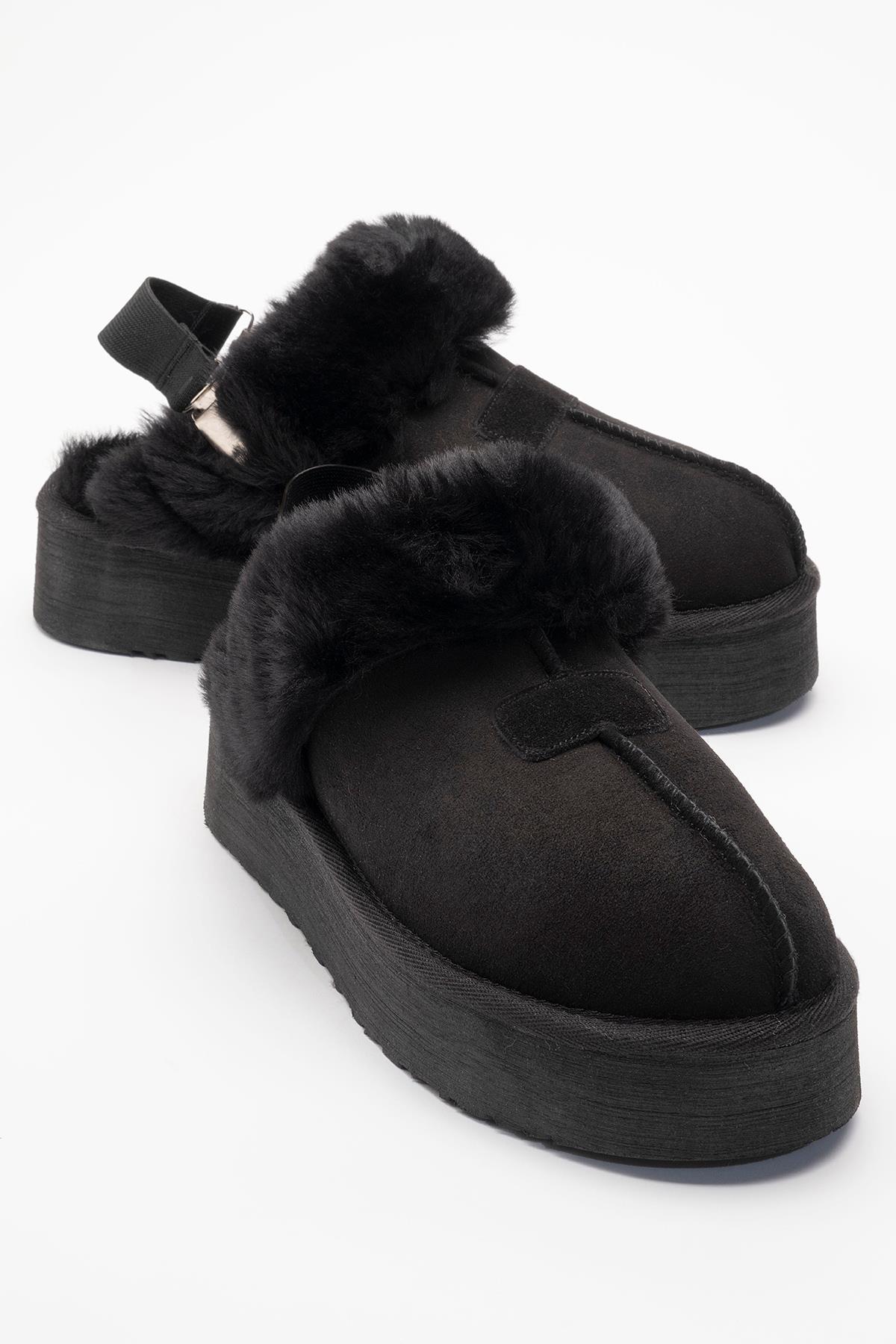 Olessa - Black Genuine Leather Suede Fur-Lined Slipper (Women)