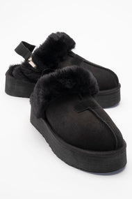 Olessa - Black Genuine Leather Suede Fur-Lined Slipper (Women)