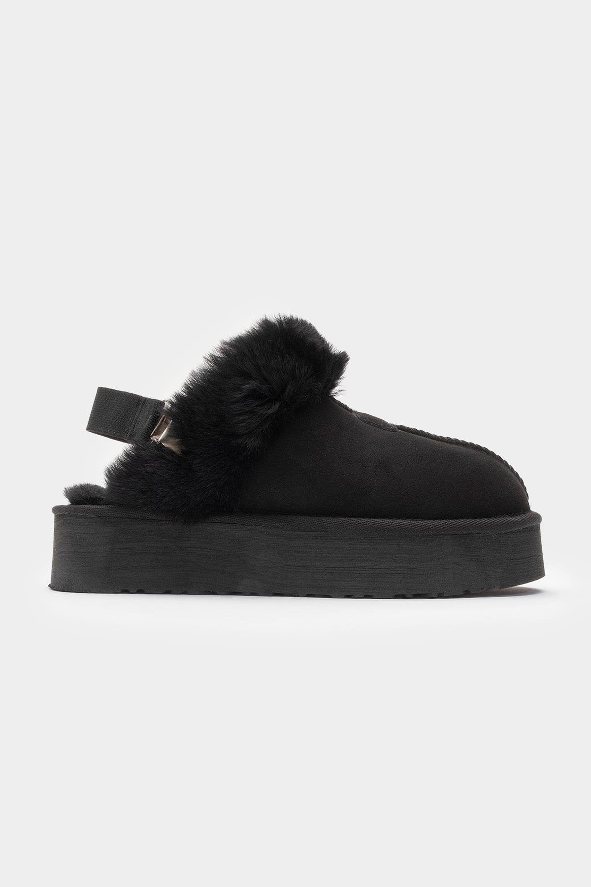 Olessa - Black Genuine Leather Suede Fur-Lined Slipper (Women)