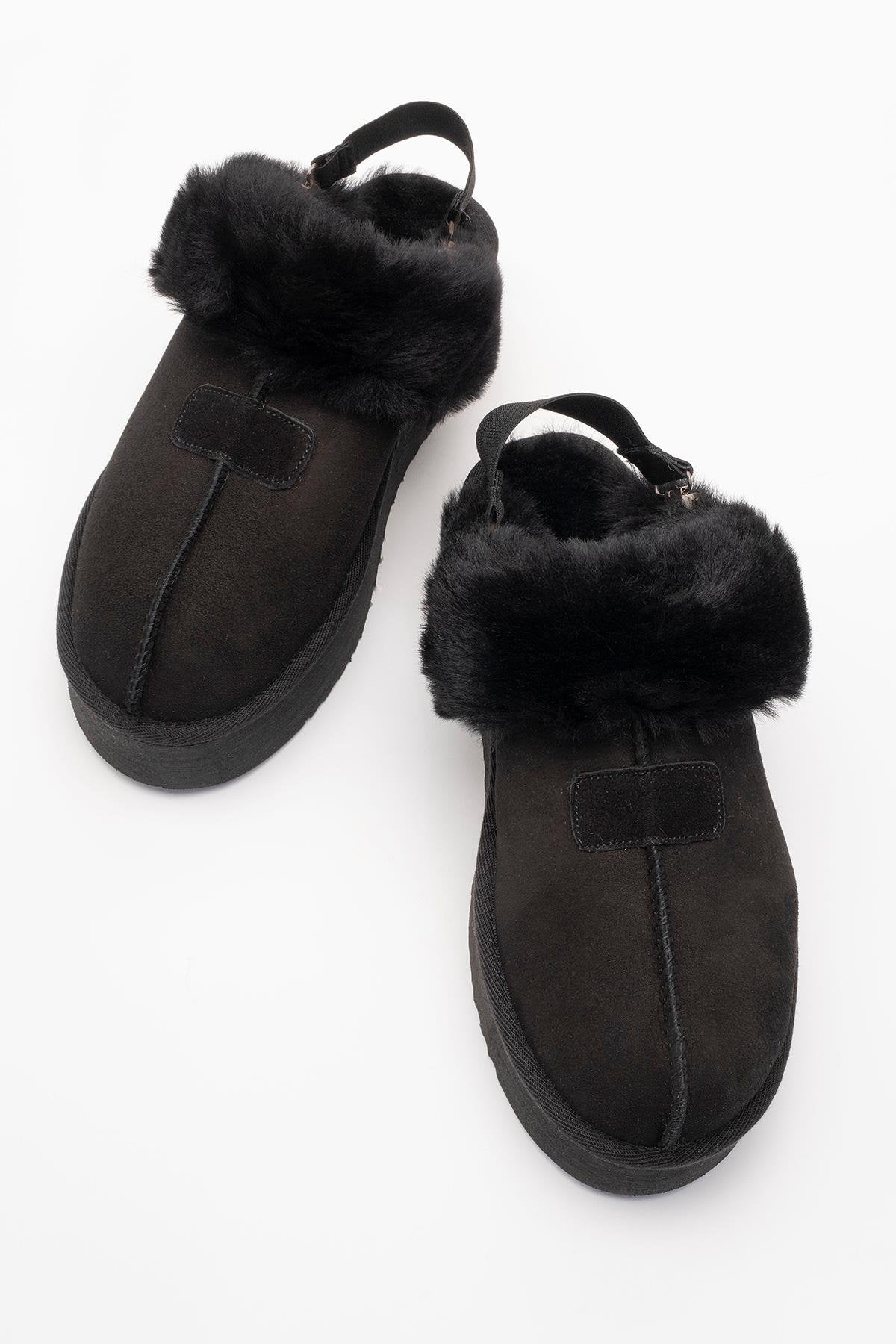 Olessa - Black Genuine Leather Suede Fur-Lined Slipper (Women)