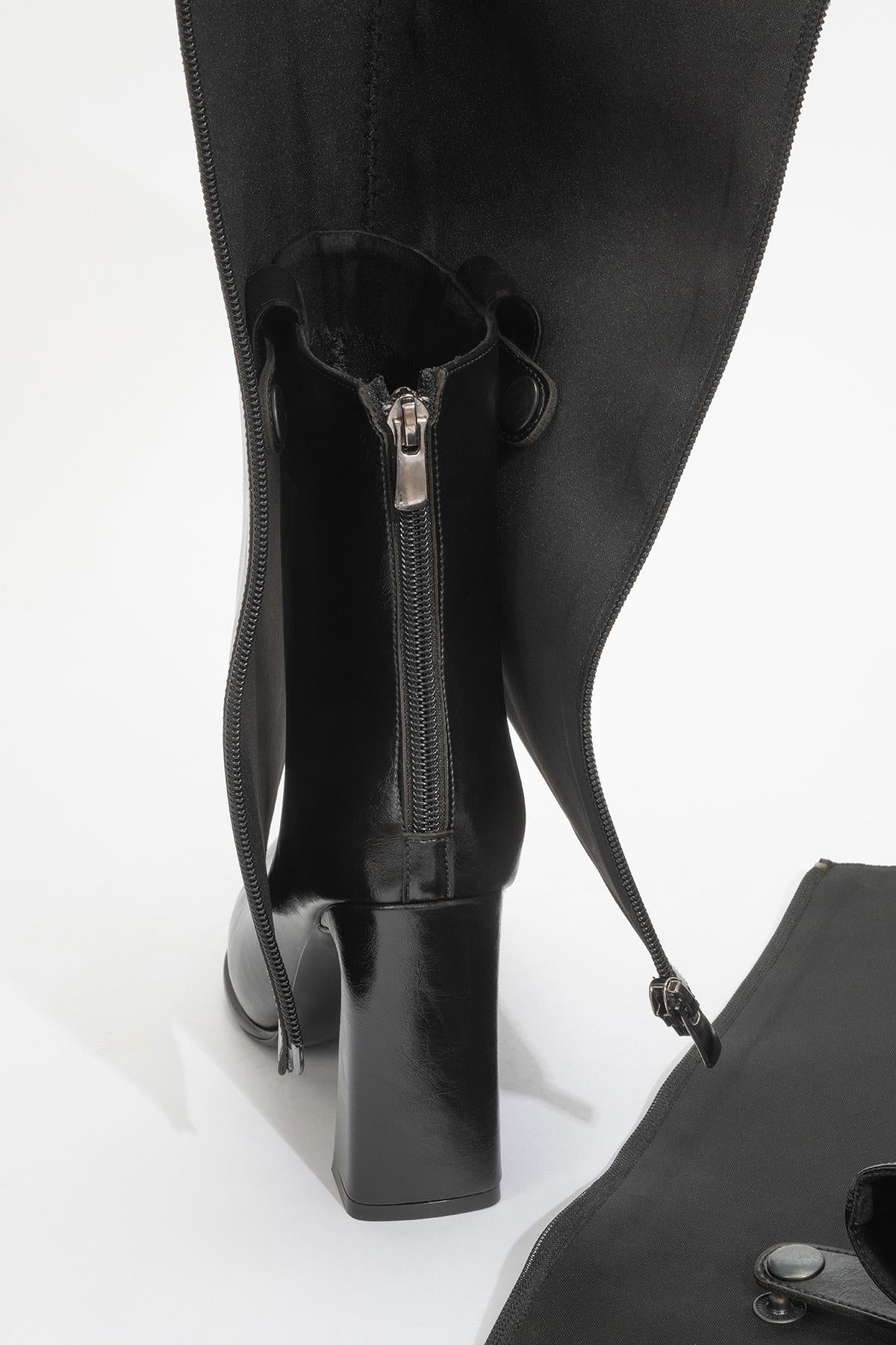 Aja - Black Block Heel Convertible Knee-High Boot (Women)