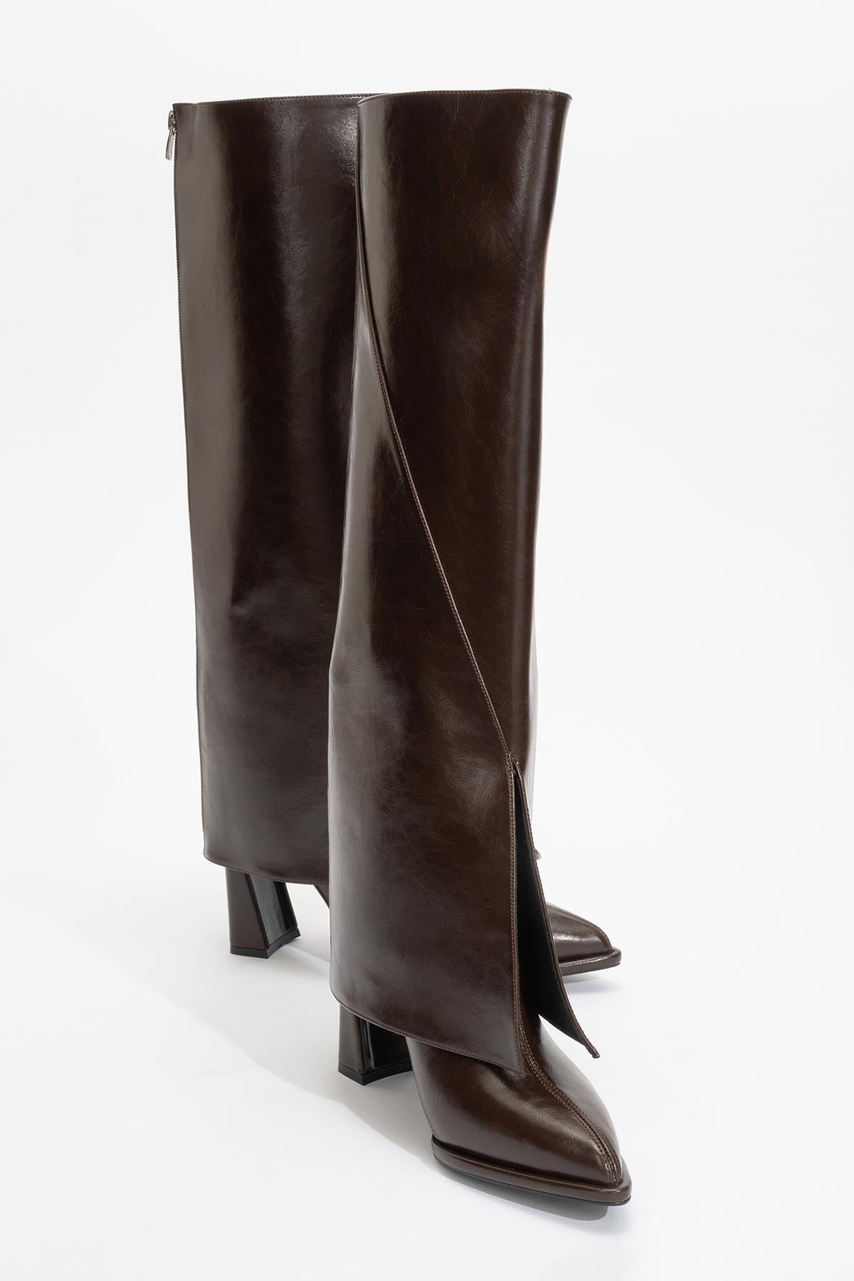 Aja - Brown Block Heel Convertible Knee-High Boot (Women)